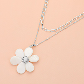 Mother of Pearl Flower Pendant Double Layered Paperclip Chain Necklace