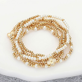 6PCS - Metal Quatrefoil Ball Pearl Beaded Stretch Multi Layered Bracelets