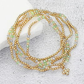 5PCS - Metal Bubble Flower Charm Accented Beaded Stretch Multi Layered Bracelets