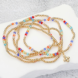 5PCS - Metal Bubble Flower Charm Accented Beaded Stretch Multi Layered Bracelets