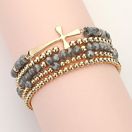 5PCS - Metal Cross Accented Faceted Beaded Stretch Multi Layered Bracelets