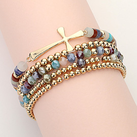 5PCS - Metal Cross Accented Faceted Beaded Stretch Multi Layered Bracelets