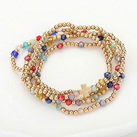 5PCS - Metal Cross Pointed Faceted Beaded Stretch Multi Layered Bracelets