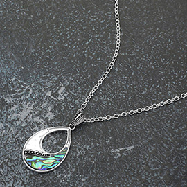 Antique Metal Abalone Open Teardrop Pendant Necklace