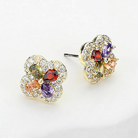 14K Gold Plated Colorful CZ Stone Embellished Quatrefoil Stud Earrings