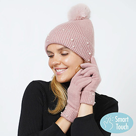 Pearl Stone Deco Embellished Pom Pom Beanie Hat Touch Smart Gloves Set