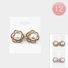 12Pairs - Rhinestone Trimmed Flower Pearl Clip on Earrings