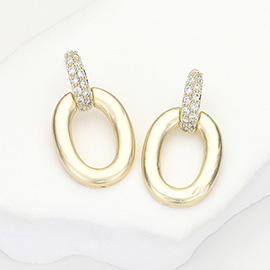 14K Gold Plated CZ Stone Paved Link Hammered Oval Earrings