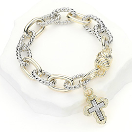 14K Gold Plated Two Tone CZ Stone Paved Cross Charm Chunky Chain Magnetic Bracelet