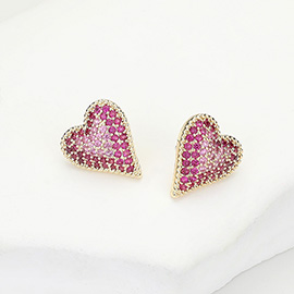 14K Gold Plated CZ Stone Paved Heart Stud Earrings