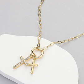 Stone Paved Metal Cross Charms Pendant Paperclip Chain Necklace