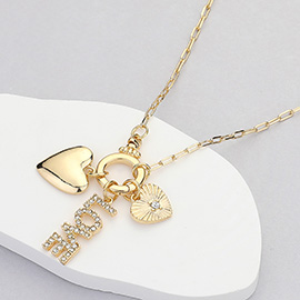 Stone Paved LOVE Message Metal Heart Charms Pendant Paperclip Chain Necklace