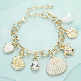 Shell Turtle Mother of Pearl Heart Pearl Charm Chain Bracelet