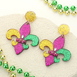 Glittered Resin Mardi Gras Fleur de Lis Dangle Earrings