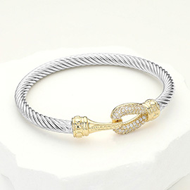 CZ Stone Paved Hook Pointed Twisted Metal Bangle Bracelet