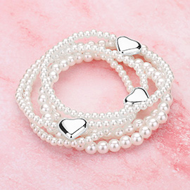 5PCS - Metal Heart Pearl Beaded Stretch Multi Layered Bracelets