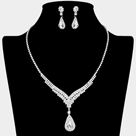 Teardrop Stone Pendant Accented Rhinestone Paved Necklace