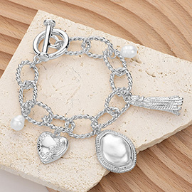 SECRET BOX_Pearl Metal Heart Tassel Charm Station Toggle Bracelet