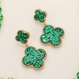 St Patricks Day Glittered Double Quatrefoil Dangle Earrings