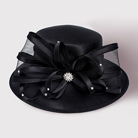 Flower Mesh Bow Accented Dressy Hat