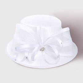 Flower Mesh Bow Accented Dressy Hat