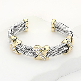 Two Tone CZ Stone Paved Triple Criss Cross Pointed Rope Cuff Bracelet