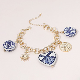 Ceramic Disc Heart Metal Sun Angel Medal Charm Station Bracelet