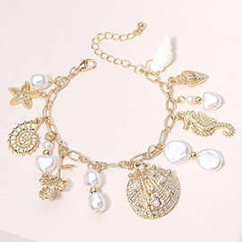 Pearl Metal Starfish Shell Seahorse Charm Station Chain Bracelet