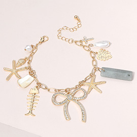 Stone Paved Bow Metal Starfish Fish Shell Pearl Tropical Leaf Charm Station Bracelet