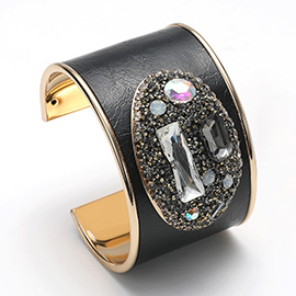 Oval Glass Stone Embellished Bling Studded Pointed Faux Leather Cuff Bracelet