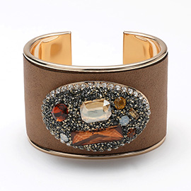 Oval Glass Stone Embellished Bling Studded Pointed Faux Leather Cuff Bracelet