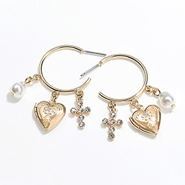 Pearl Stone Paved Heart Locket Cross Charm Dangle Hoop Earrings