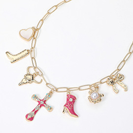 Stone Paved Enamel Cross Cowboy Boot Metal Steer Head Bow Pearl Heart Charm Station Chain Necklace