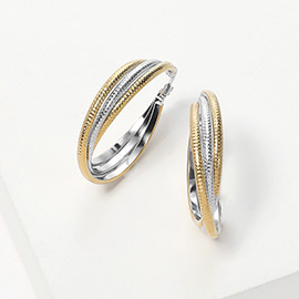 Stainless Steel Textured Twisted Pin Catch Hoop Earrings