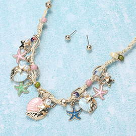 Enamel Starfish Shell Pearl Bead Raffia Thread Necklace