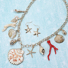 Chunky Sea Shell Starfish Pearl Miter Shell Charm Station Necklace