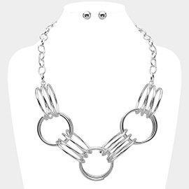 Abstract Triple Metal Wire Ring Link Statement Necklace