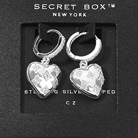 SECRET BOX_Sterling Silver Dipped CZ Stone Paved Heart Dangle Huggie Earrings