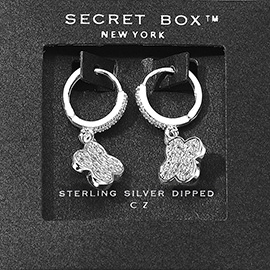 SECRET BOX_Sterling Silver Dipped CZ Stone Paved Quatrefoil Dangle Huggie Earrings