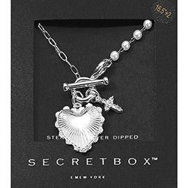 SECRET BOX_Sterling Silver Dipped Heart Stone Paved Cross Charm Half Pearl Chain Toggle Necklace