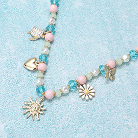 Enamel Turtle Flower Metal Heart Sun Butterfly Charm Station Pearl Faceted Beaded Necklace