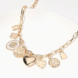 SECRET BOX_Metal Lock Quatrefoil Butterfly Heart Enamel Lion Medal Charm Station Paperclip Chain Necklace