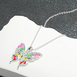 Enamel Flower Butterfly Pendant Necklace