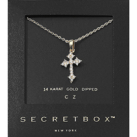 SECRET BOX_14K Gold Dipped CZ Stone Paved Cross Pendant Necklace