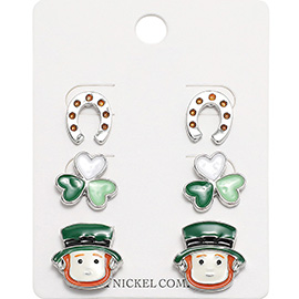 3Pairs - Enamel St Patricks Shamrock Clover Leprechaun Horseshoe Stud Earring Set