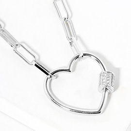 White Gold Dipped CZ Stone Paved Open Heart Carabiner Pendant Paperclip Chain Necklace