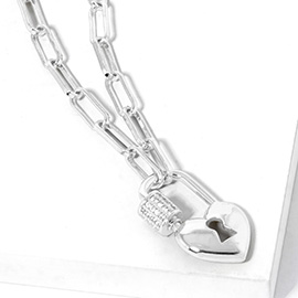 White Gold Dipped CZ Stone Paved Heart Lock Pendant Paperclip Chain Necklace