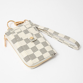 Faux Leather Checkered Flat Card Holder Wallet with Wristlet