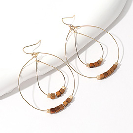 Wooden Cube Beaded Metal Wire Teardrop Round Layered Dangle Earrings