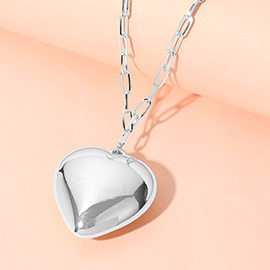 Metal Puffy Heart Pendant Paperclip Chain Necklace